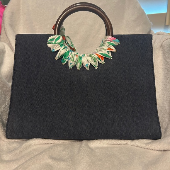 NWOT Kate Spade Ridgefield Street Katarina Colorful Scarf Wood & Denim Satchel - Picture 4 of 10